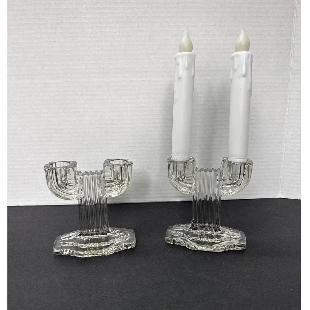 VTG Anchor Hocking Art Deco Clear Glass Queen Mary Double Candle Holder Pair